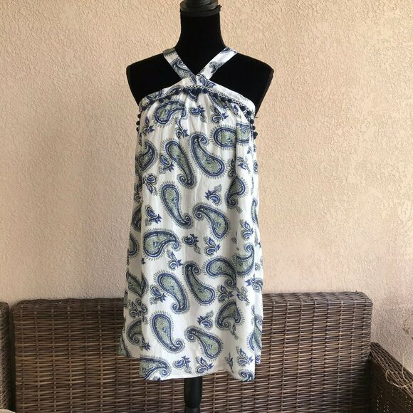 Skies Are Blue Pom Pom Paisley Halter Dress NEW‎ NWT White Size Small - Picture 2 of 8